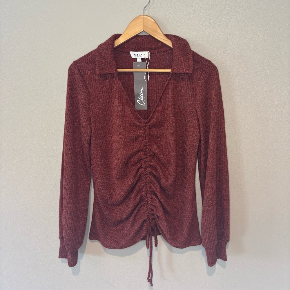 GILLI Women’s Collared Long Sleeve Brown Top‎ with Gathered Front Detail Small